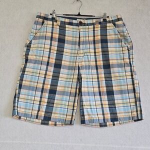 Bob Timberlake Mens Plaid Flat Front Shorts Blue Yellow Cotton Size 36 B415